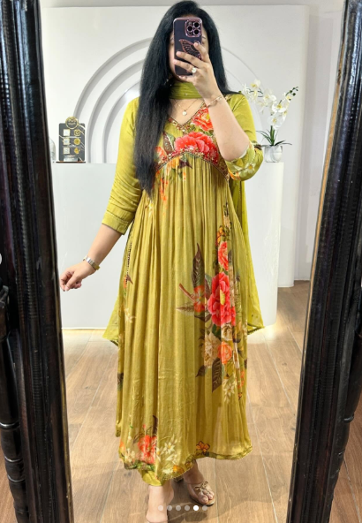 Mustard Floral Printed Anarkali Kurta with Dupatta