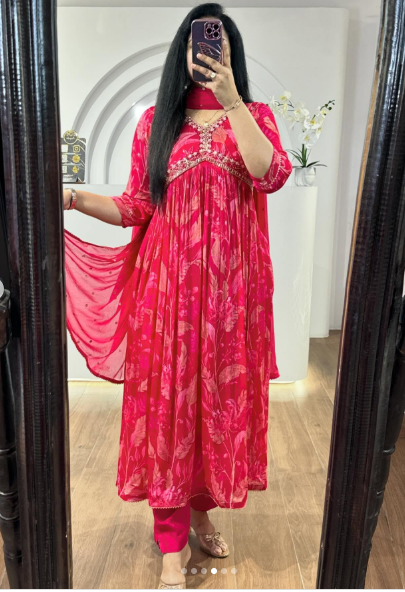 Vibrant Pink Floral Printed Anarkali Kurta with Dupatta