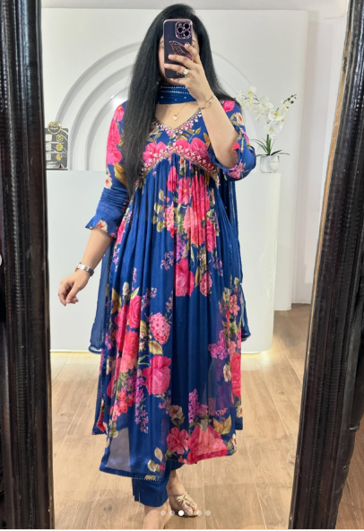 Royal Blue Floral Printed Anarkali Kurta with Dupatta
