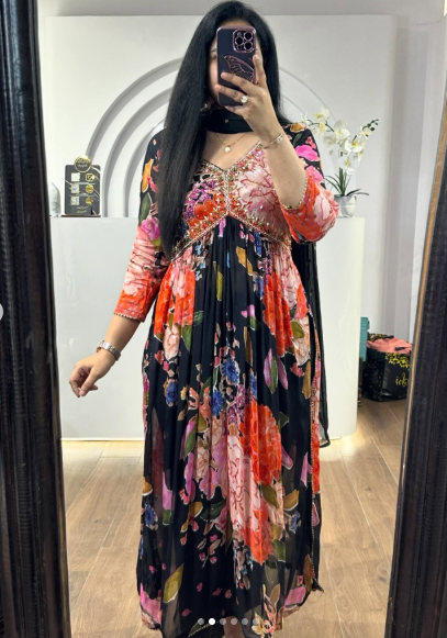 Black Multicolor Floral Printed Anarkali Kurta with Dupatta