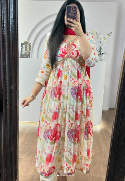 Elegant White Floral Printed Anarkali Kurta with Dupatta