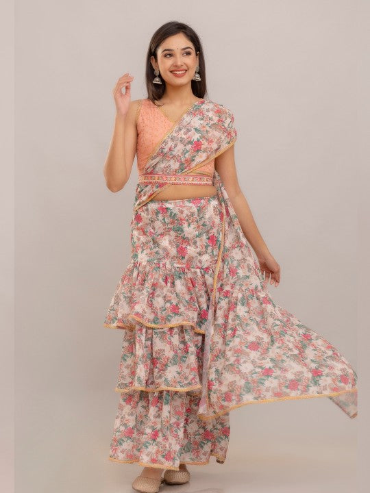 Floral Printed Ready to Wear Block Print Saree