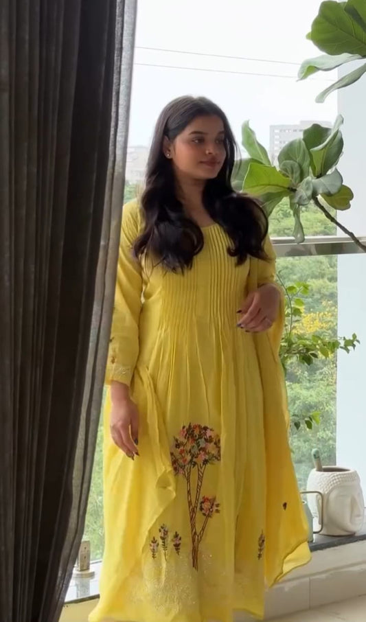 Sunshine Yellow Floral Embroidered Anarkali Kurta Set