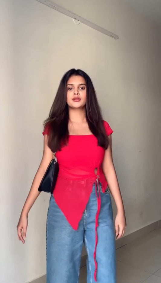Red Asymmetric Side-Tie Crop Top