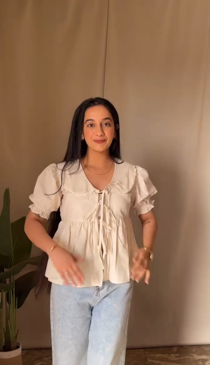 Beige Puff Sleeve Tie-Front Top for Women