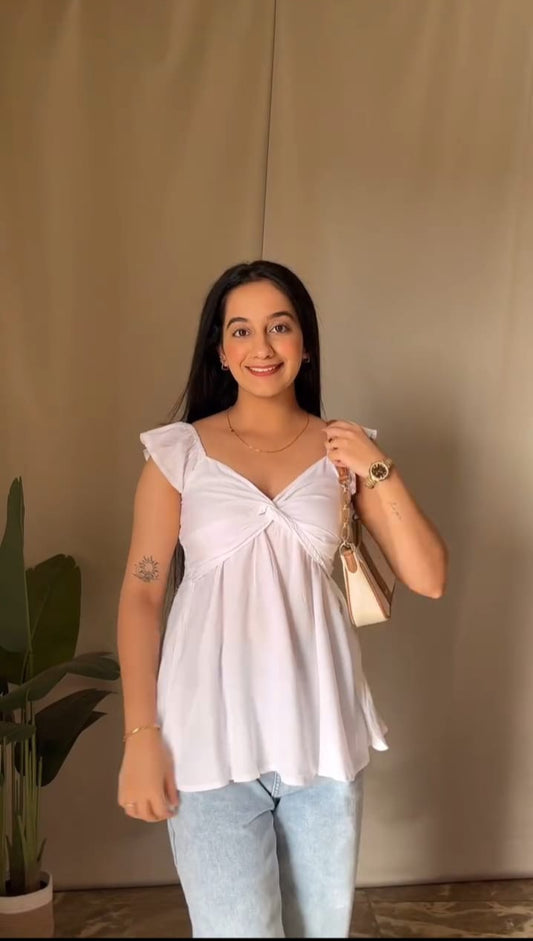 White Flutter Sleeve Knotted Front Top for Women