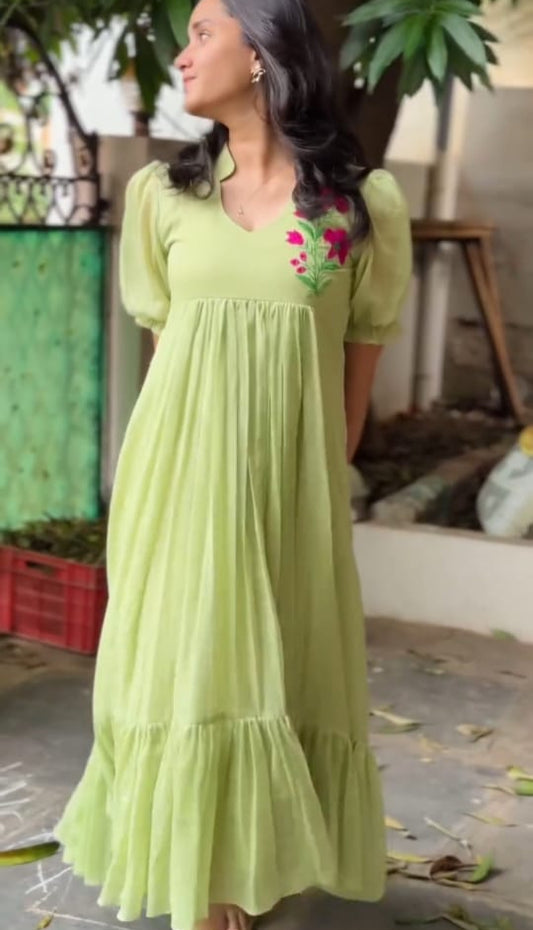 Pastel Green Embroidered Maxi Dress with Puff Sleeves