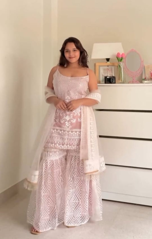 White Embroidered Sharara Set with Dupatta