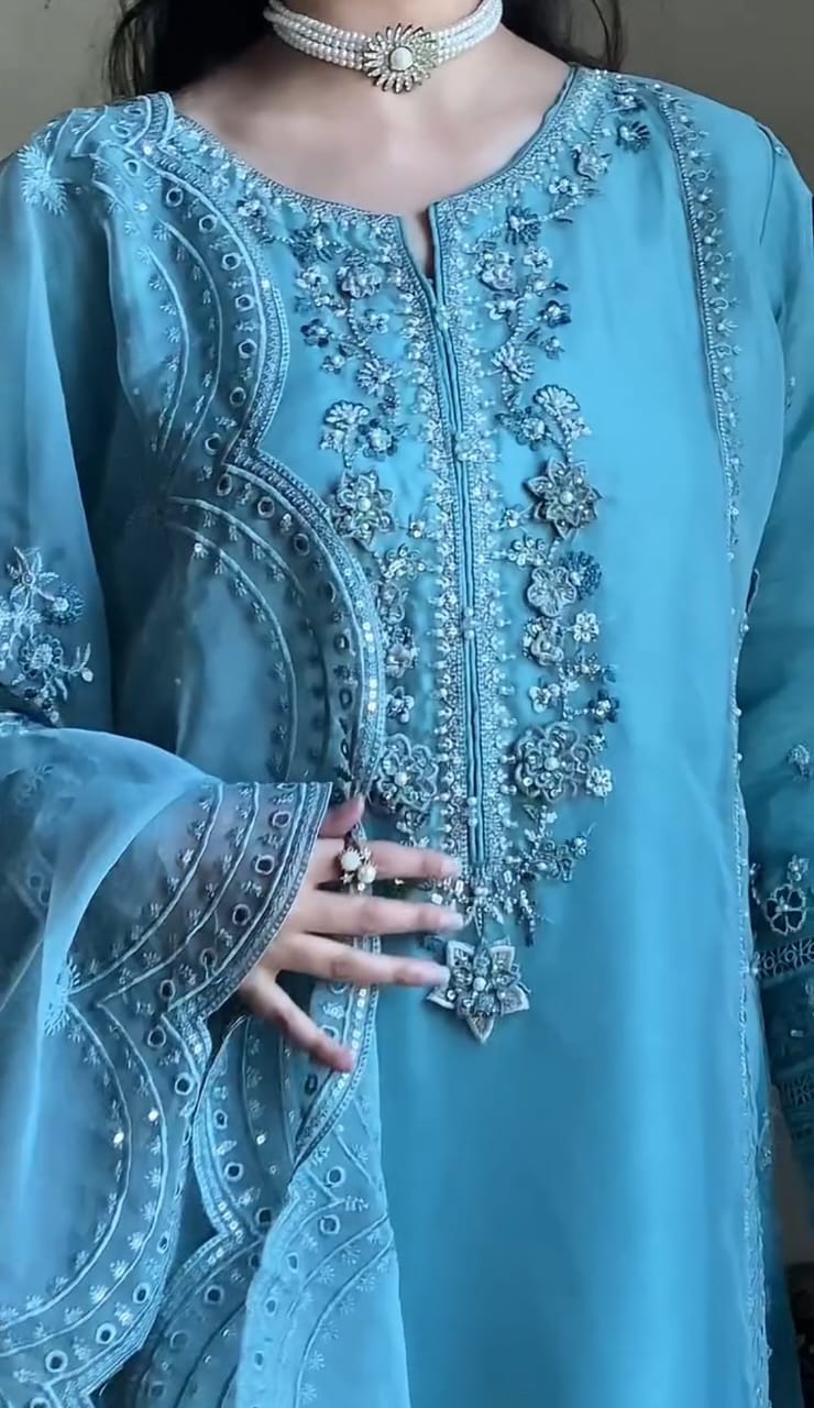 Sky Blue Embroidered Georgette Suit with Dupatta