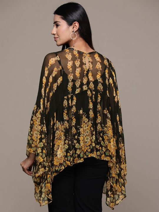 Floral Print Flared Sleeves Chiffon Longline Top