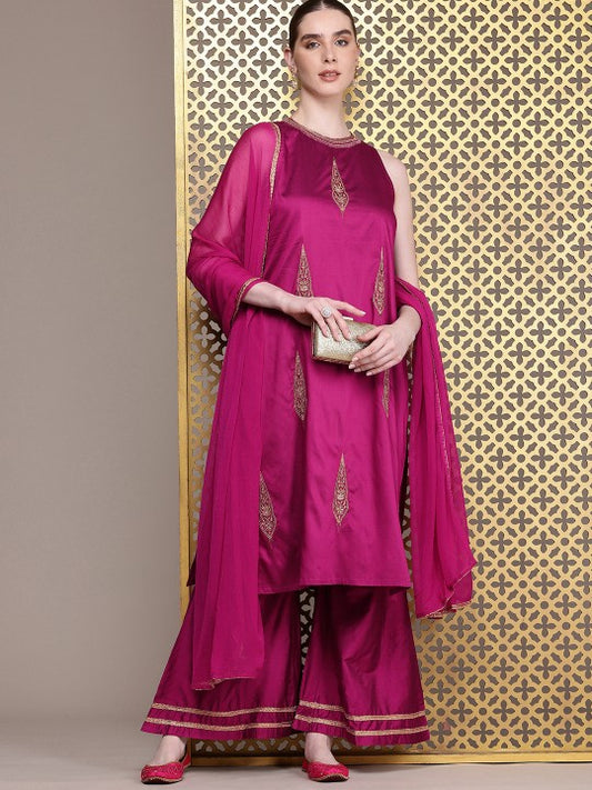 Jashn Ethnic Motifs Embroidered Zari Work Kurta With Palazzos & Dupatta