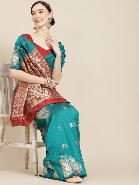Teal & Red Ethnic Motifs Zari Silk Blend Banarasi Saree