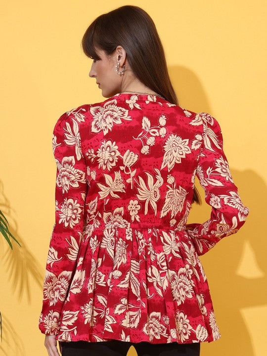 Women Floral Printed Mandarin Collar Peplum Crepe Top