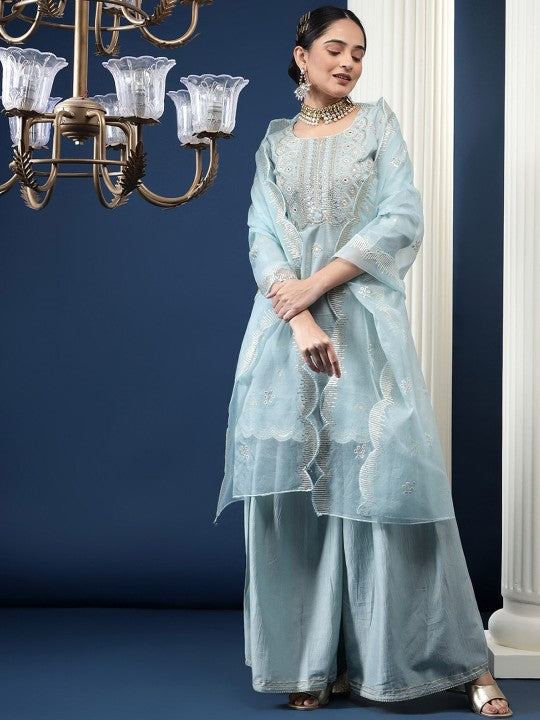 Ethnic Motifs Embroidered High Slit Sequinned Kurta With Palazzos & Dupatta