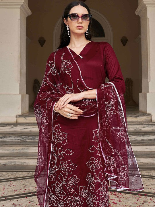 Floral Embroidered Thread Work Kurta with Trousers & Dupatta