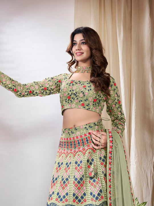 Thread Work Semi-Stitched Lehenga & Unstitched Blouse With Dupatta For Women