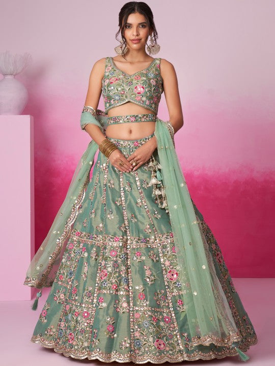 Embroidered Sequinned Semi-Stitched Lehenga & Unstitched Blouse With Dupatta
