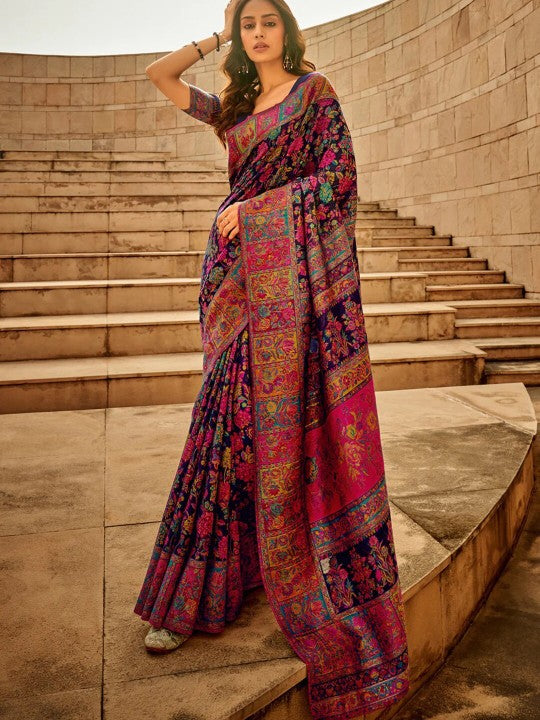 Navy Blue Floral Printed Woven Design Saree