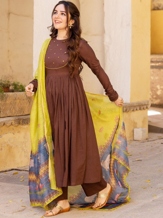Yoke Design Regular Kurta with Trousers & With Dupatta