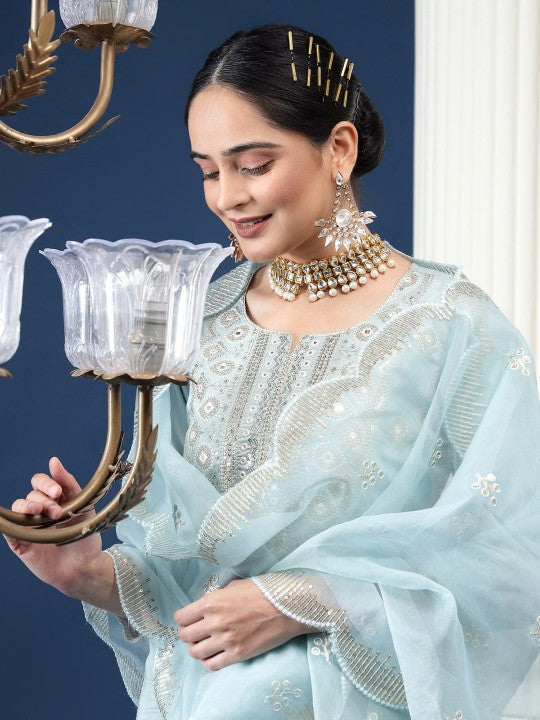 Ethnic Motifs Embroidered High Slit Sequinned Kurta With Palazzos & Dupatta