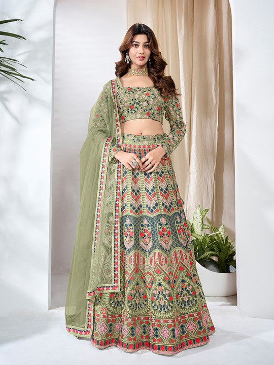 Thread Work Semi-Stitched Lehenga & Unstitched Blouse With Dupatta For Women