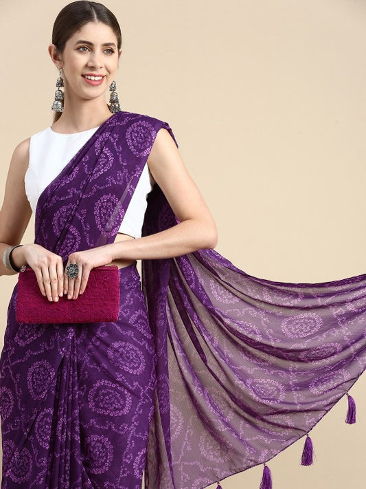 Purple Bandhani Poly Chiffon Bandhani Saree