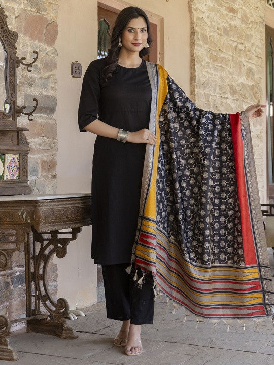 Pure Cotton Kurta With Trousers & With Dupatta