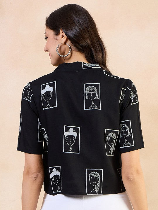 Print Boxy Printed Roll-Up Sleeves Shirt Style Top