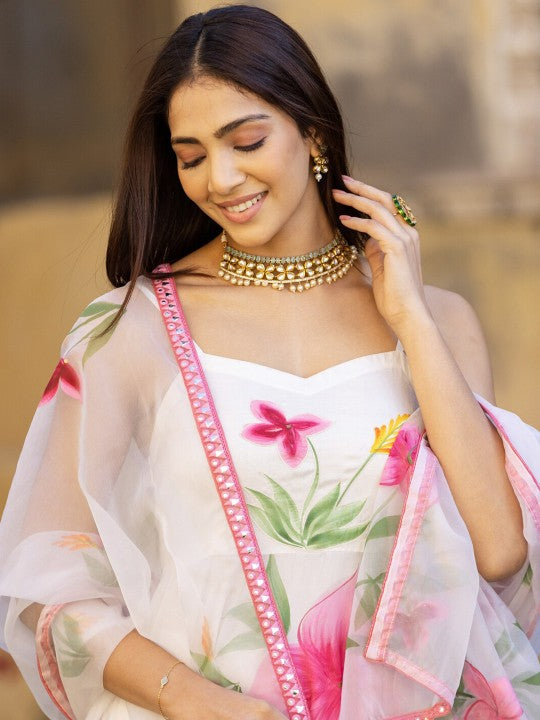 Floral Printed Anarkali Kurta with Trousers & Dupatta