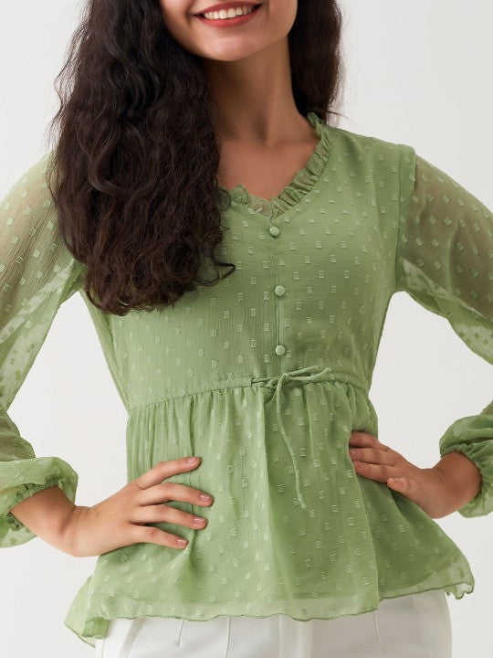 Self Design V-Neck Long Sleeve Gathered Cinched Waist Top