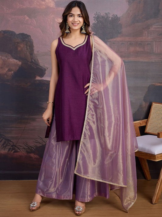 Gotta Patti Sweetheart Neck Sleeveless Kurta And Palazzo With Dupatta