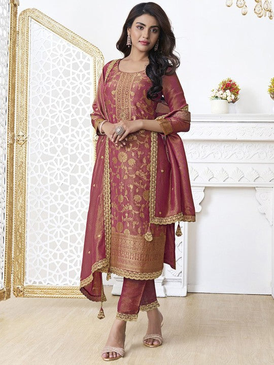Ethnic Motifs Woven Design Sequinned Jacquard Straight Kurta With Trouser & Dupatta