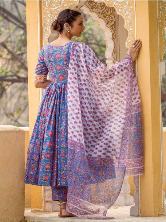 Floral Printed Anarkali Kurta With Trouser And Dupatta