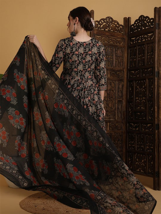 Floral Printed Anarkali Pure Cotton Kurta With Palazzos And Dupatta