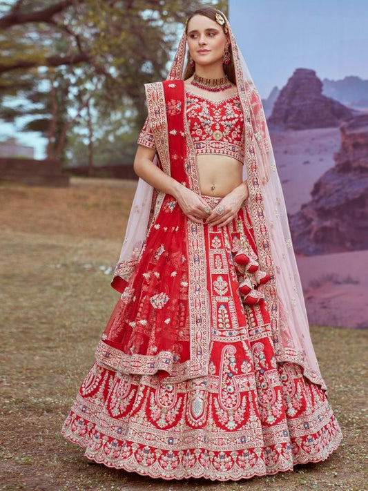 Floral Embroidered Beads and Stones Silk Semi-Stitched Lehenga Choli
