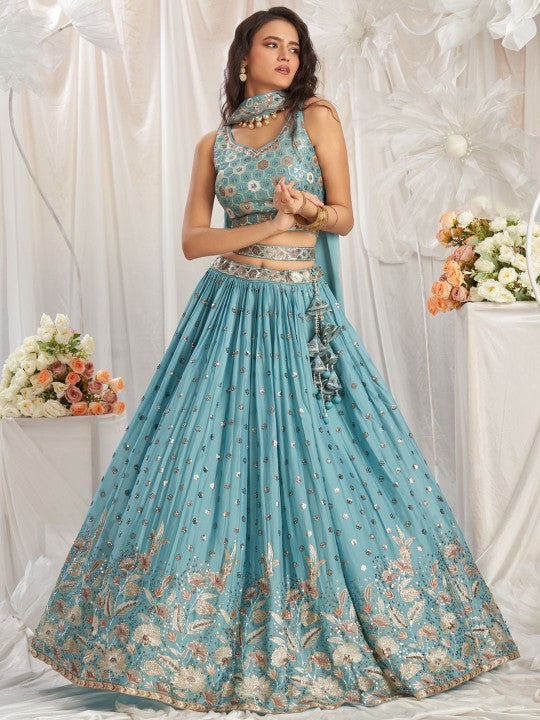 Embroidered Sequinned Semi Stitched Lehenga & Unstitched Blouse With Dupatta