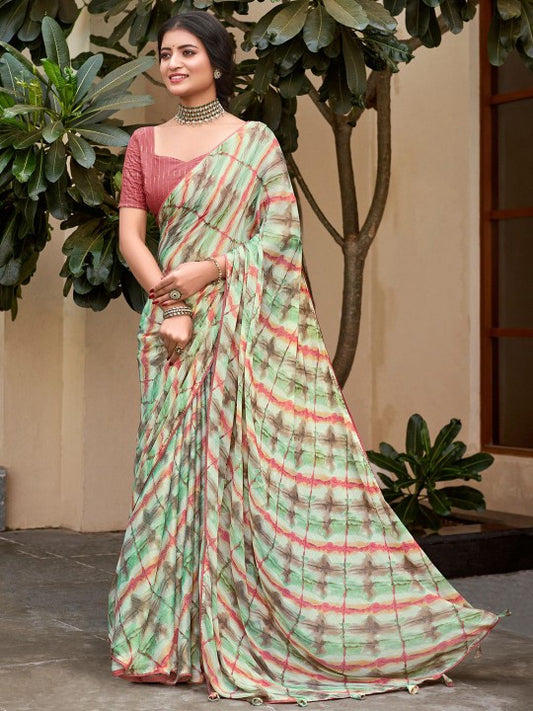 Beads and Stones Poly Chiffon Bagru Sarees