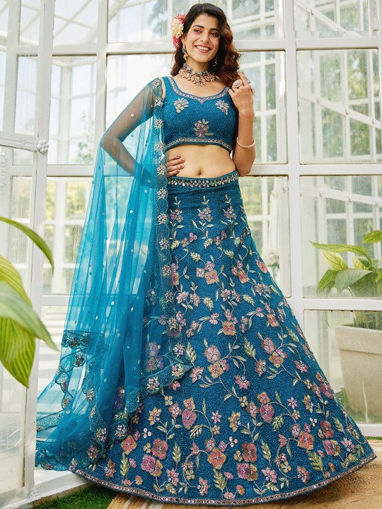 Floral Embroidered Sequinned Semi-Stitched Lehenga & Unstitched Blouse Set